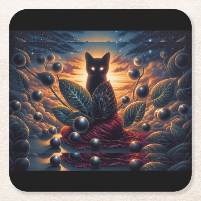 Surreal Cosmic Cat with Glowing Eyes and Stars Square Paper Coaster (Front)