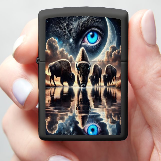 Surreal Cosmic Scene of Bison Buffalo Reflections Zippo Lighter (In Hand)