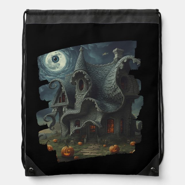 Surreal Creepy Haunted House with Pumpkins & Moon Drawstring Bag (Front)