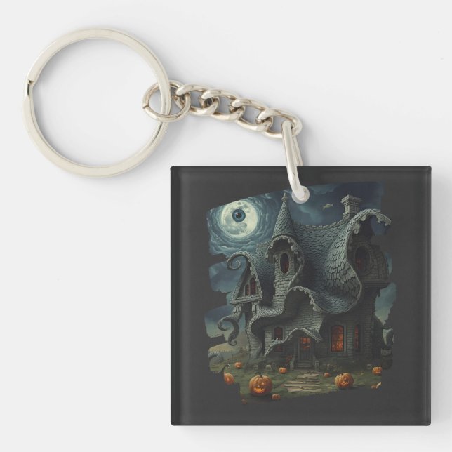 Surreal Creepy Haunted House with Pumpkins & Moon Keychain (Front)