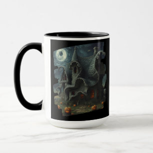 Surreal Creepy Haunted House with Pumpkins & Moon Mug