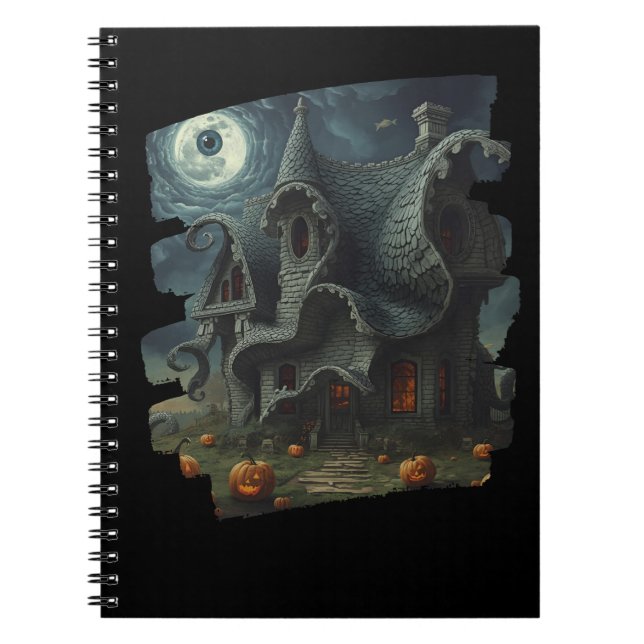 Surreal Creepy Haunted House with Pumpkins & Moon Notebook (Front)