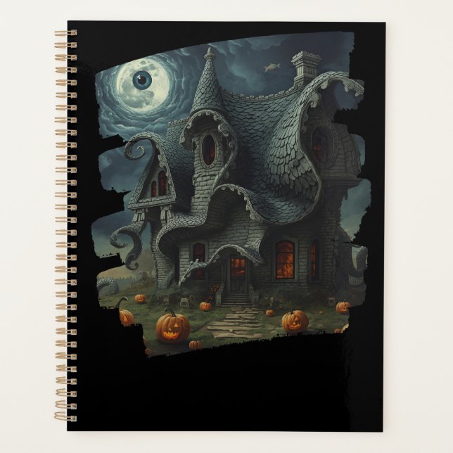 Surreal Creepy Haunted House with Pumpkins & Moon Planner (Front)