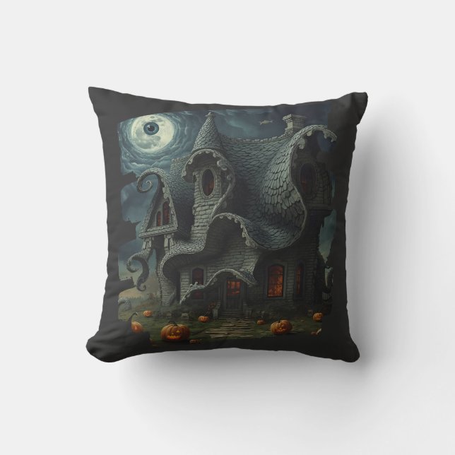 Surreal Creepy Haunted House with Pumpkins & Moon Throw Pillow (Front)