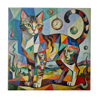 Surreal Cubist Style Cat Art Ceramic Tile
