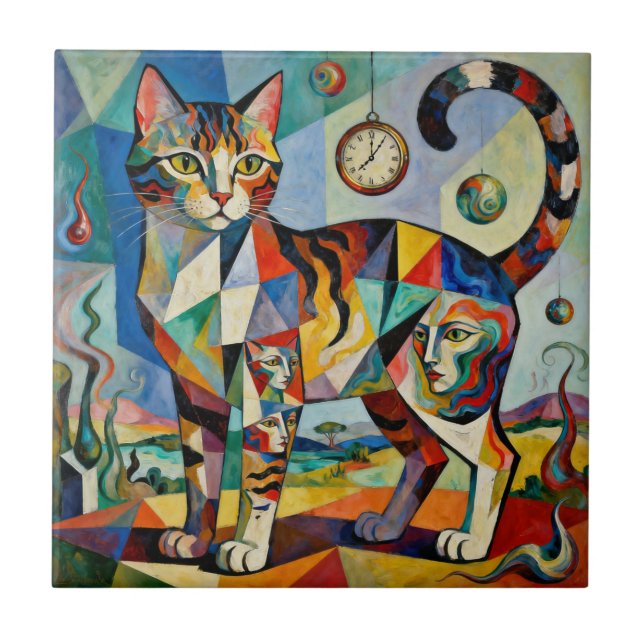 Surreal Cubist Style Cat Art Ceramic Tile (Front)