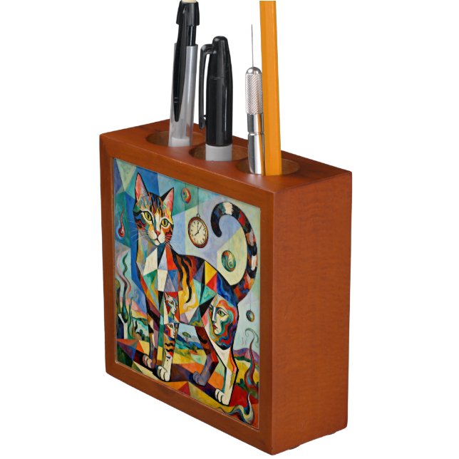 Surreal Cubist Style Cat Art Desk Organizer (In Situ)