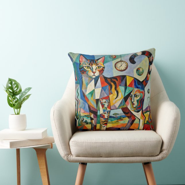 Surreal Cubist Style Cat Art Throw Pillow (Chair)