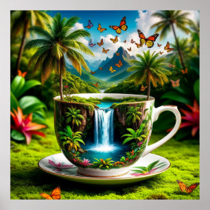 Surreal Cup Transforming into Tropical Waterfall Poster