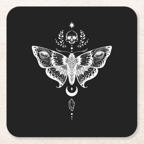 Surreal dark skull moth square paper coaster