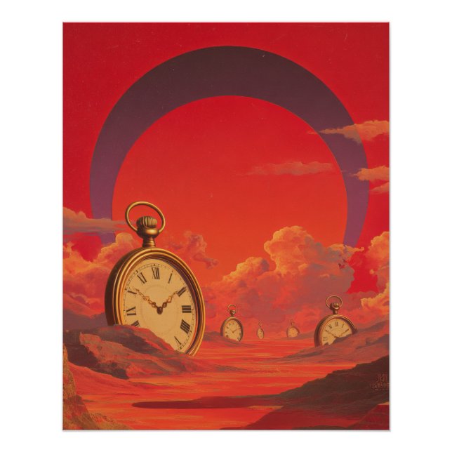 Surreal Desert Clock Red Dreamscape Art Poster (Front)