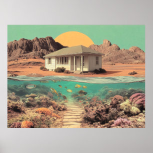 Surreal Desert House with Underwater Reef Poster