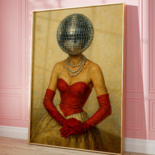 Surreal Disco Ball Lady Wall Art Print   Vintage