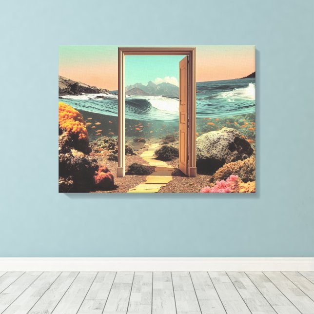 Surreal Doorway Opening to Ocean with Coral Reef Canvas Print (Insitu(Wood Floor))