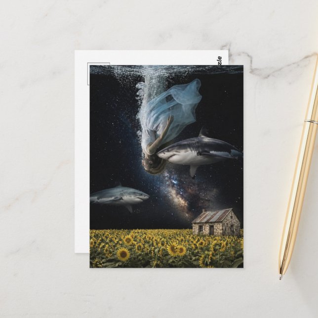 Surreal Dream Swimming With Sharks on the Prairie  Postcard (Front/Back In Situ)