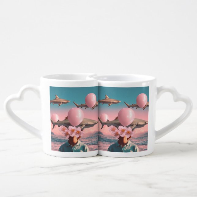 Surreal Dreamscape with Sharks and Balloons Coffee Mug Set (Back Nesting)