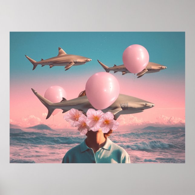 Surreal Dreamscape with Sharks and Balloons Poster (Front)