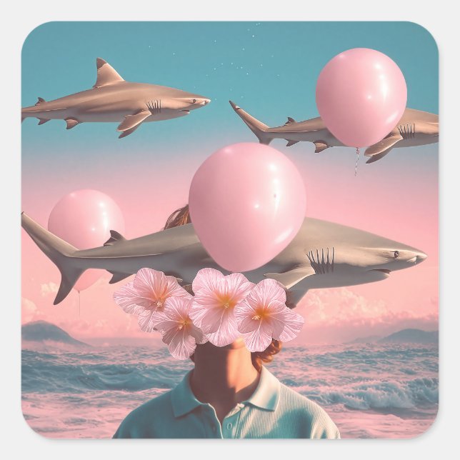 Surreal Dreamscape with Sharks and Balloons Square Sticker (Front)