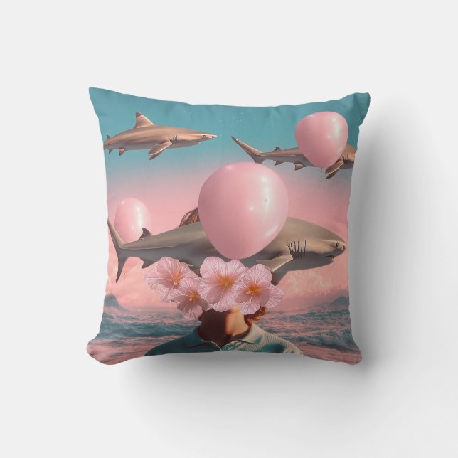 Surreal Dreamscape with Sharks and Balloons Throw Pillow (Front)