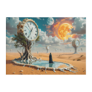 Surreal Dripping Clocks in Desert – Dreamlike Acrylic Print