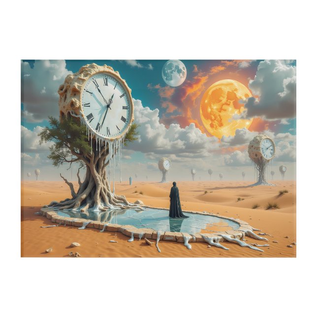 Surreal Dripping Clocks in Desert – Dreamlike Acrylic Print (Front)