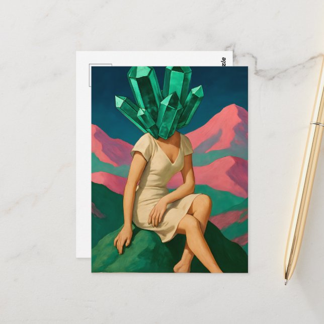 Surreal Emerald Crystals Woman Postcard (Front/Back In Situ)
