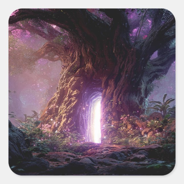 Surreal Enchanted Tree With Glowing Portal Square Sticker (Front)