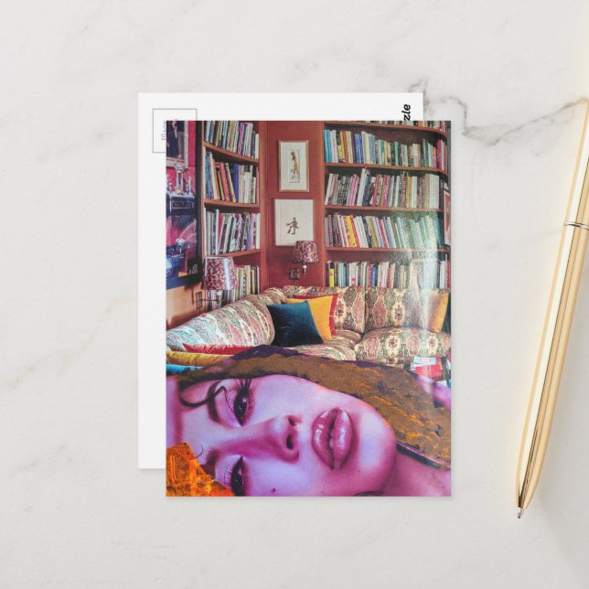Surreal Face in the Library Room Collage Postcard (Front/Back In Situ)