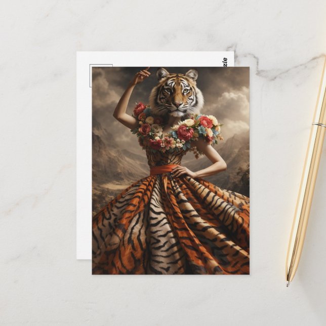 Surreal Fashion Tiger Lady in a Dress Postcard (Front/Back In Situ)