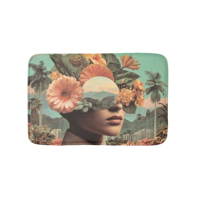Surreal Female Portrait with Floral Elements Bath Mat (Front)