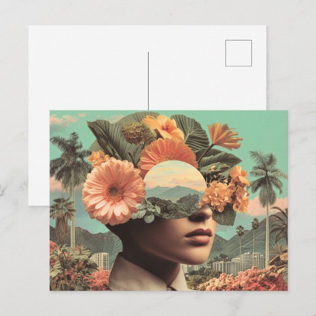 Surreal Female Portrait with Floral Elements Postcard (Front/Back)