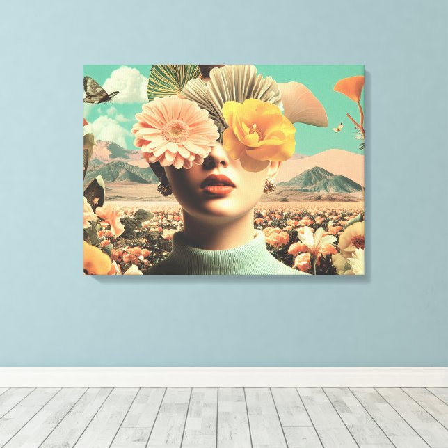 Surreal Female Portrait With Flowers Covering Eyes Canvas Print (Insitu(Wood Floor))
