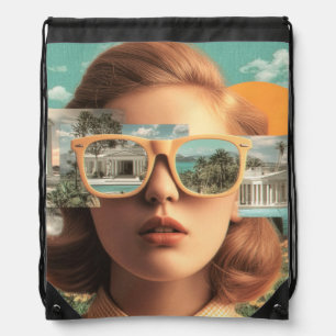 Surreal female portrait with retro sunglasses drawstring bag