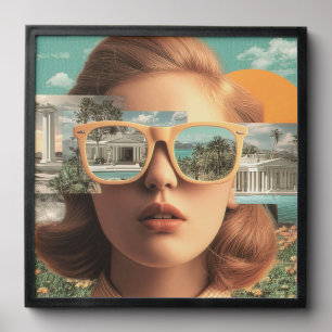 Surreal female portrait with retro sunglasses peel and stick photo tile