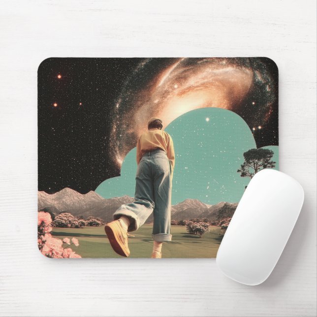 Surreal figure walking into galaxy gateway mouse pad (With Mouse)
