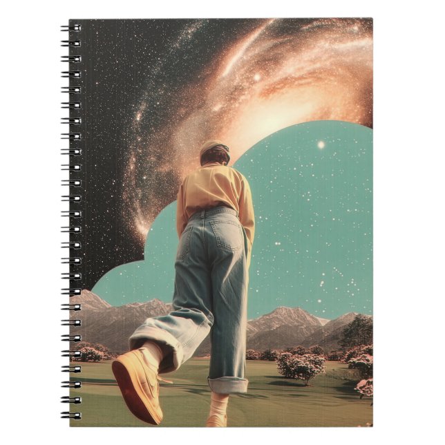 Surreal figure walking into galaxy gateway notebook (Front)