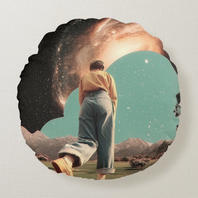 Surreal figure walking into galaxy gateway round pillow (Front)