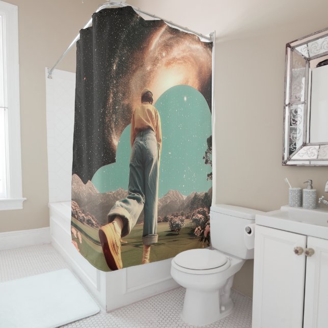 Surreal figure walking into galaxy gateway shower curtain (In Situ)