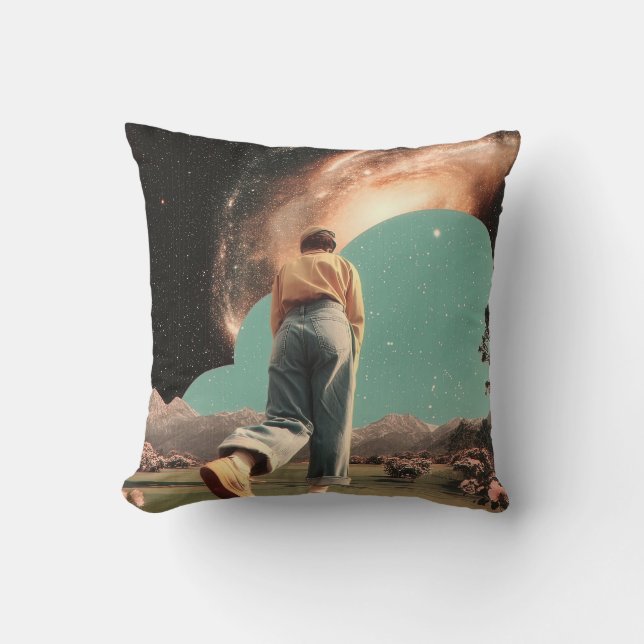 Surreal figure walking into galaxy gateway throw pillow (Front)