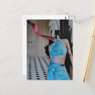 Surreal Flamingo Wearing Blue in a room collage Postcard