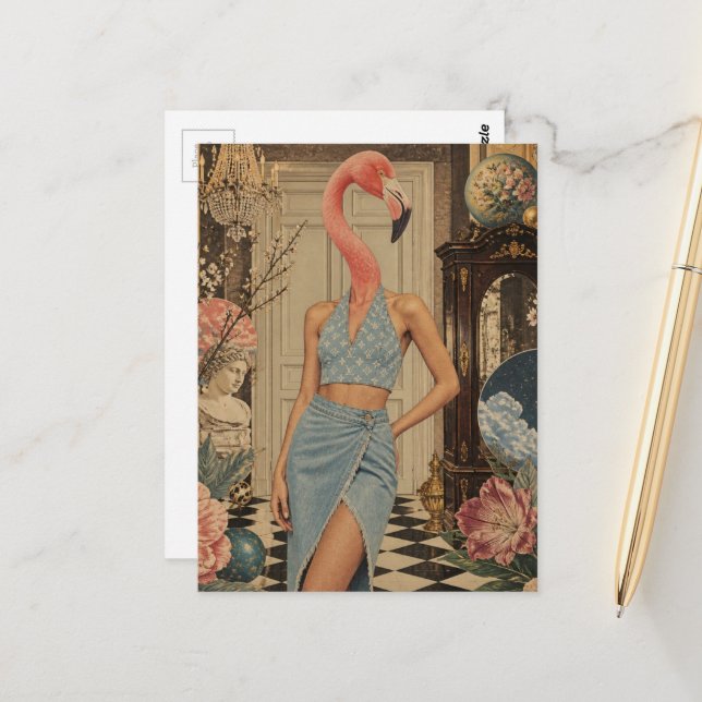 Surreal Flamingo Woman Wearing Blue Postcard (Front/Back In Situ)