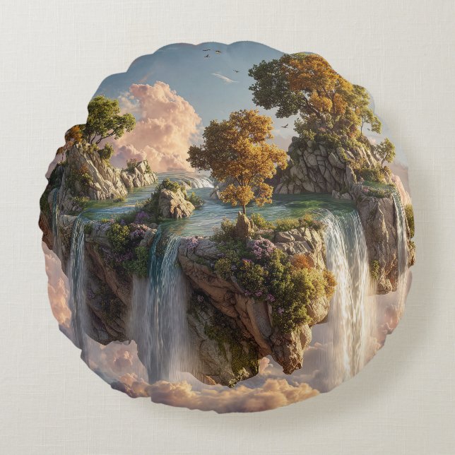 Surreal Floating Cliffs With Waterfalls Round Pillow (Front)