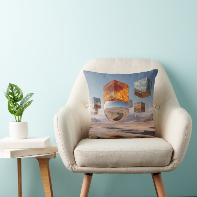 Surreal Floating Cubes And Reflective Sphere Throw Pillow (Chair)