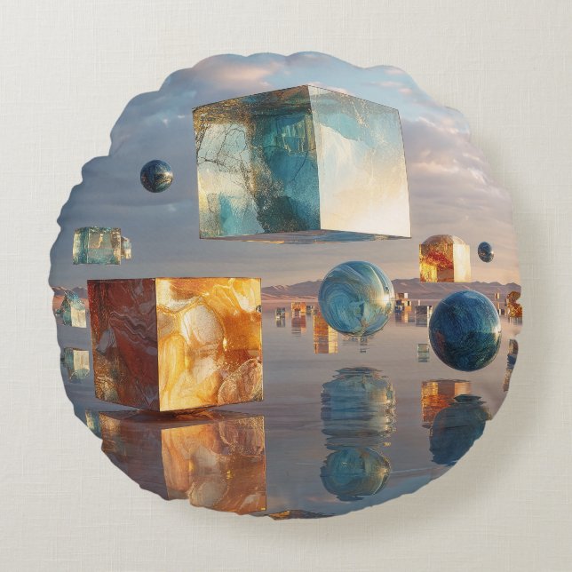 Surreal Floating Cubes And Spheres Round Pillow (Front)