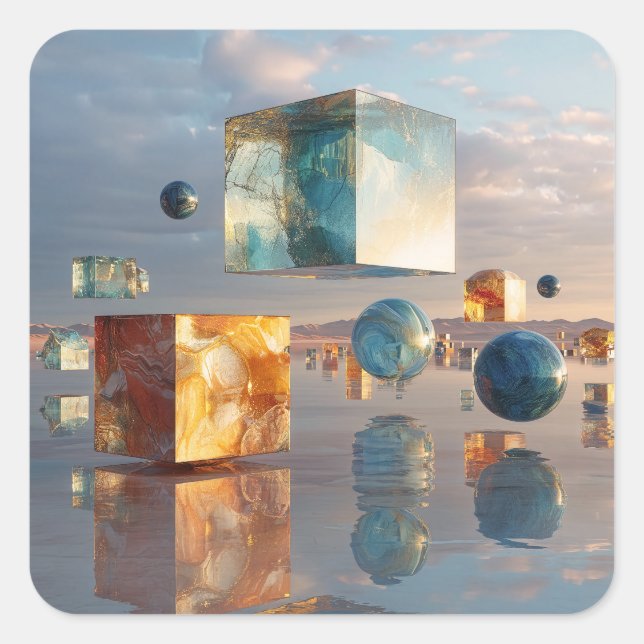 Surreal Floating Cubes And Spheres Square Sticker (Front)