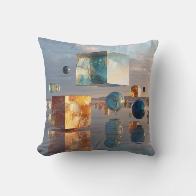 Surreal Floating Cubes And Spheres Throw Pillow (Front)