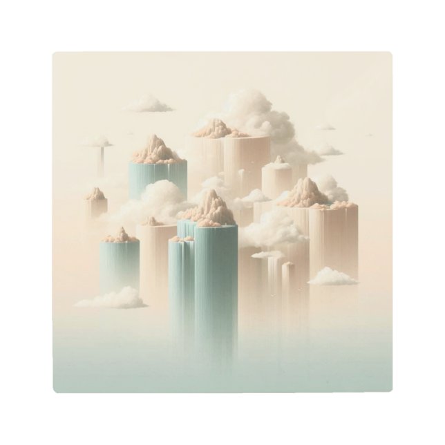 Surreal Floating Islands with Gentle Waterfalls Metal Print (Front)