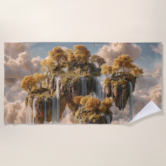 Surreal Floating Islands With Golden Trees Beach Towel (Front)