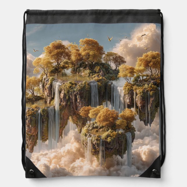 Surreal Floating Islands With Golden Trees Drawstring Bag (Front)