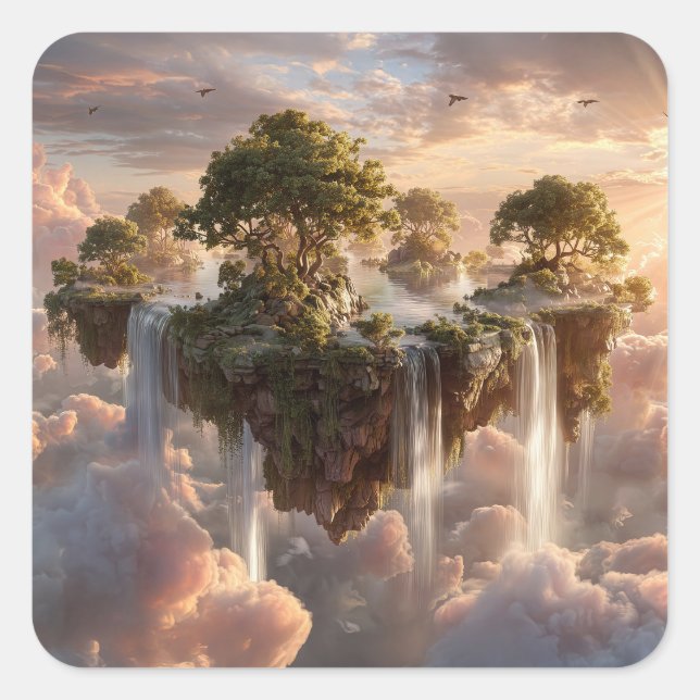 Surreal Floating Islands With Waterfalls Square Sticker (Front)